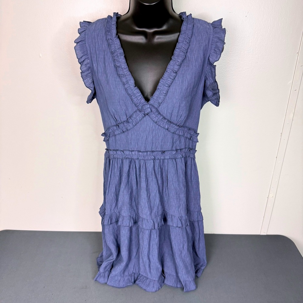 PINCH Dress Womens S Blue Ruffle Tiered V-Neck Smocked Mini Boho Rayon Blend